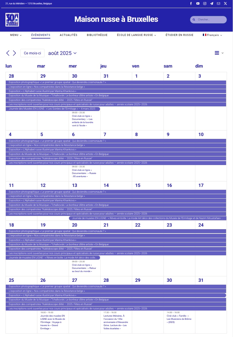 Page Internet. Maison russe Bruxelles-Europe. Calendrier des événements culturels du mois d|août 2025. 2025-08-01